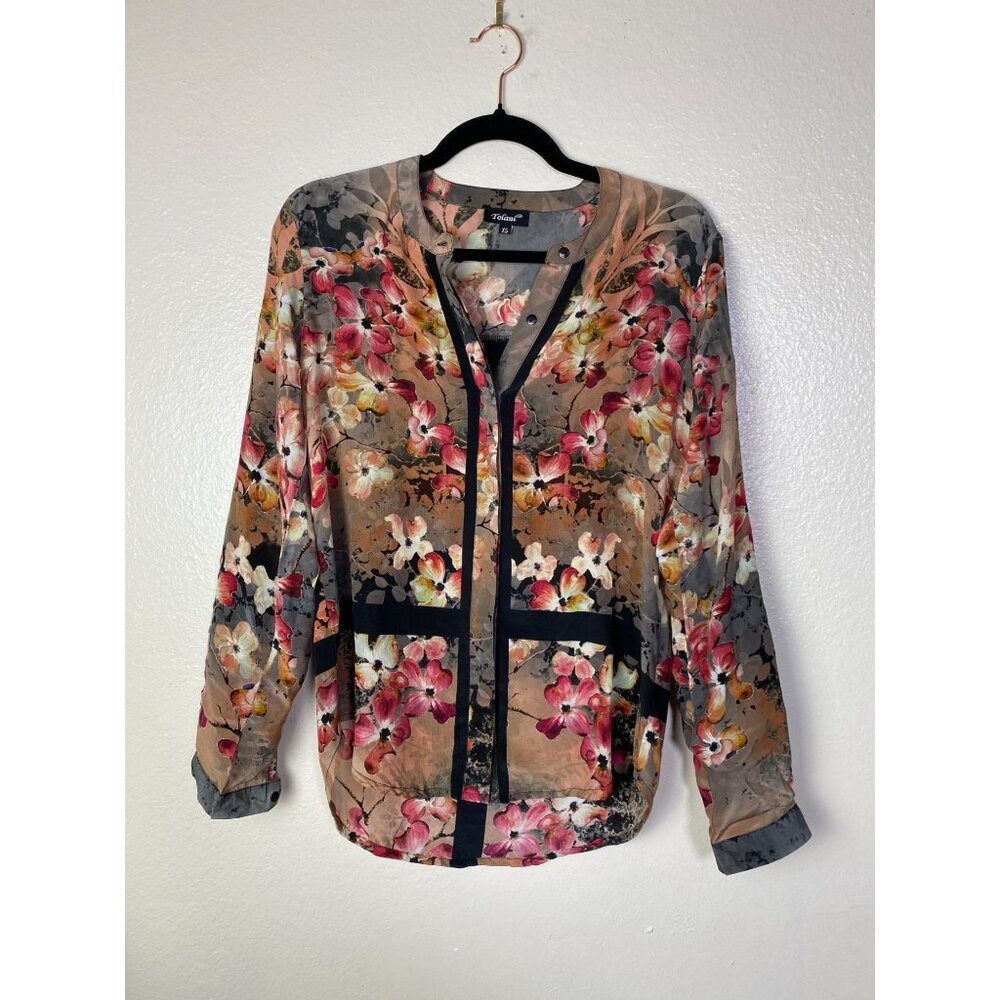 Tolani Floral 100% Silk Long Sleeve Button Up Top Women Size XS Lightweight Boho - Picture 12 of 12